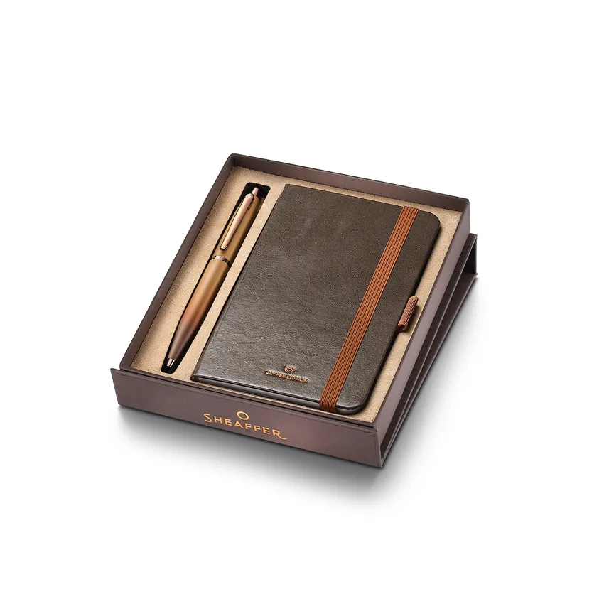 Sheaffer VFM Gift Set 9428 Coffee Edition Ballpoint Pen with Regal Brown PVD Trims and Small Notebook - Matt Brown
