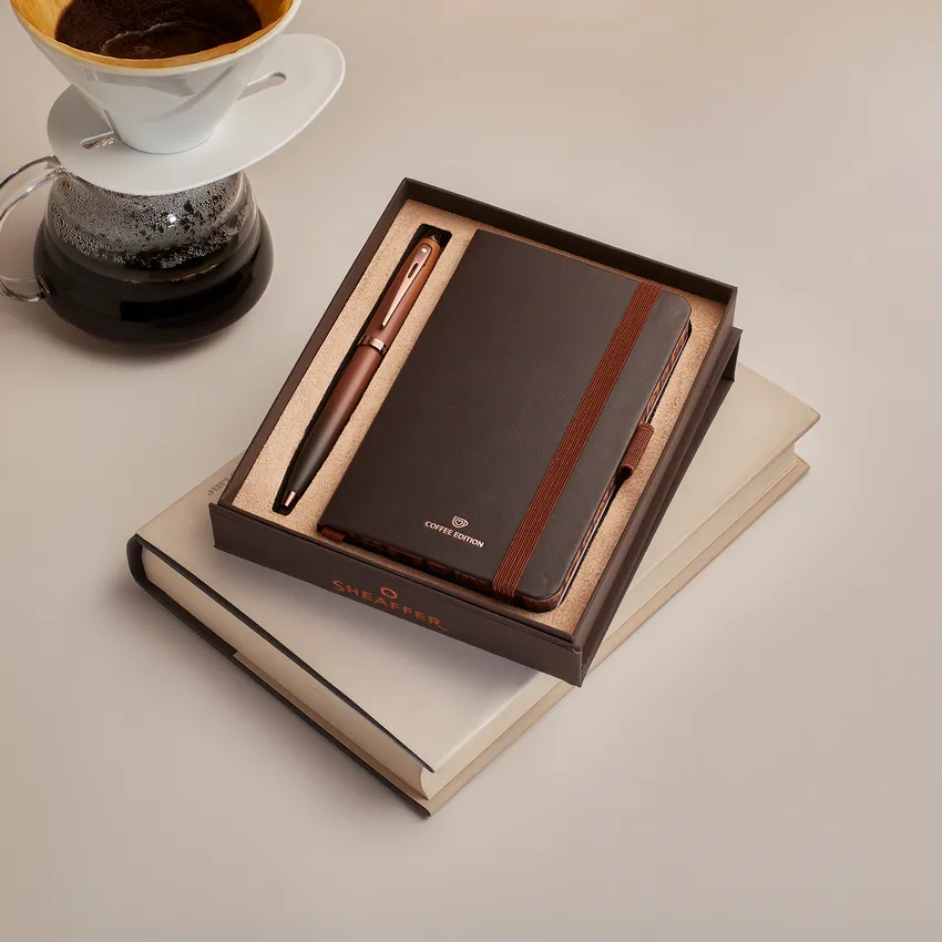 Sheaffer 100 Gift Set 9374 Coffee Edition Ballpoint Pen with Regal Brown PVD Trims and Small Notebook - Matt Brown