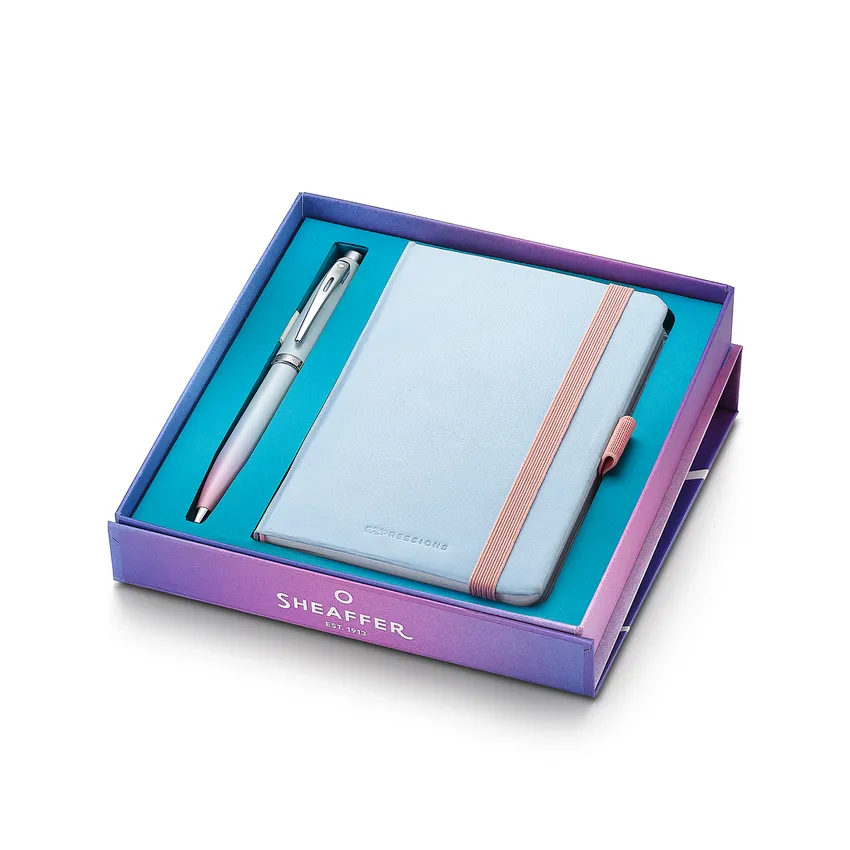 Sheaffer Expressions Gift Set 100 9376 Blue and Pink Pearlised Gradient Ballpoint Pen with Chrome-plated Trims and Small Notebook