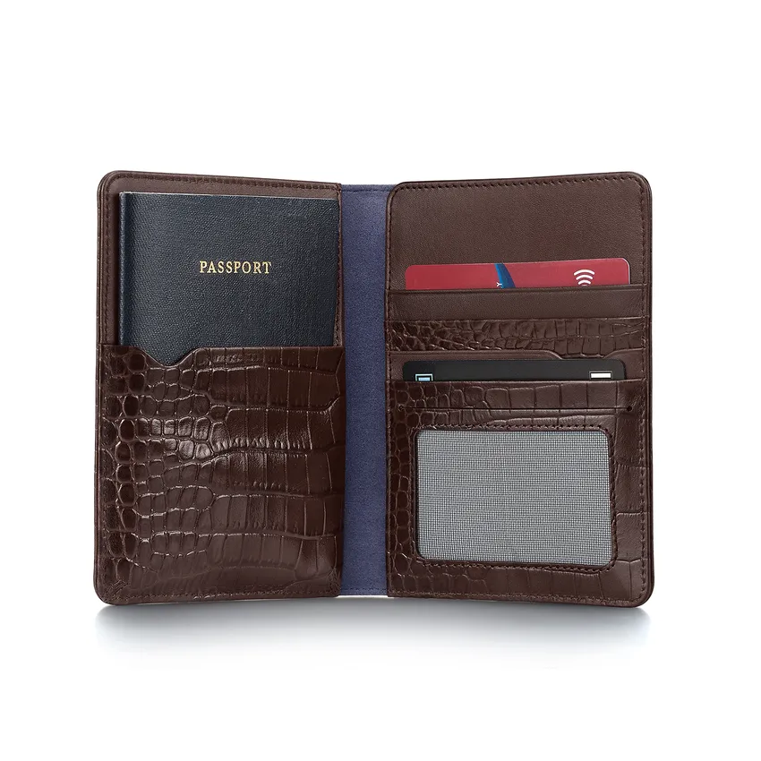 Lapis Bard Mandeville Croc-Textured Passport Wallet - Dark Brown