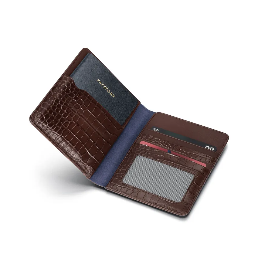 Lapis Bard Mandeville Croc-Textured Passport Wallet - Dark Brown