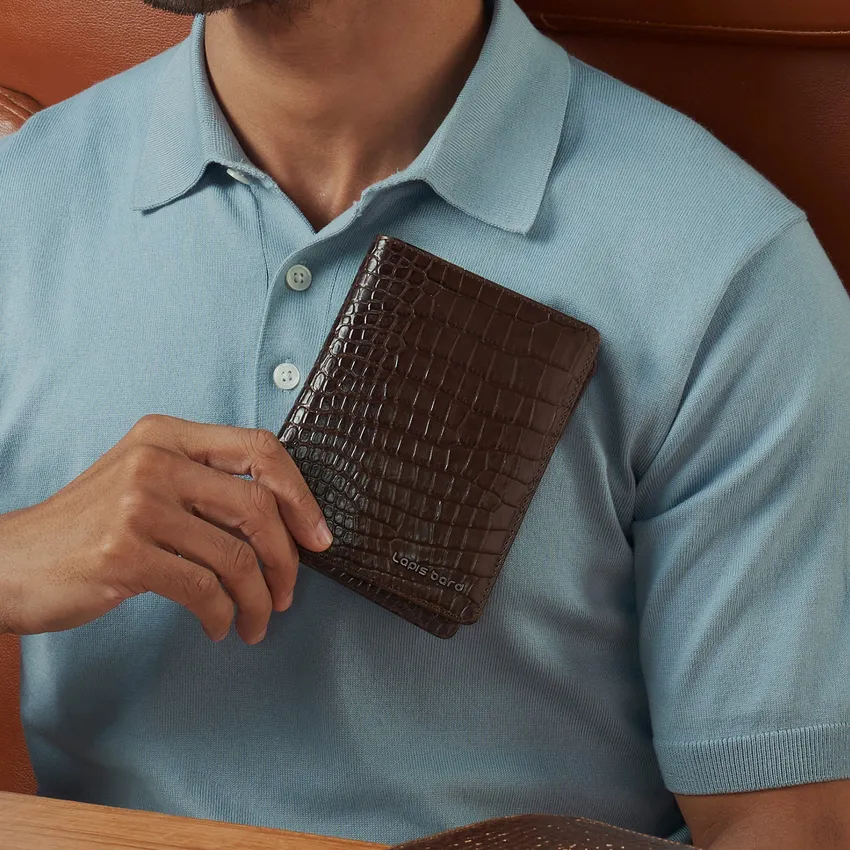 Lapis Bard Mandeville Croc-Textured Passport Wallet - Dark Brown