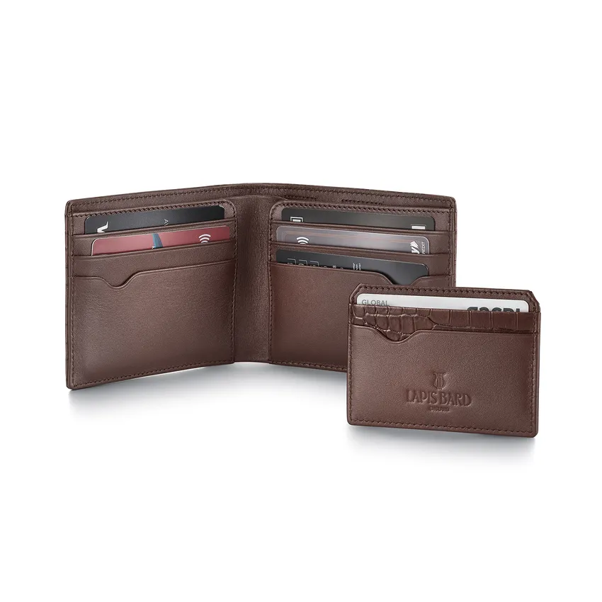 Lapis Bard Mandeville Croc-Textured Wallet with Extra Credit Card Holder - Dark Brown