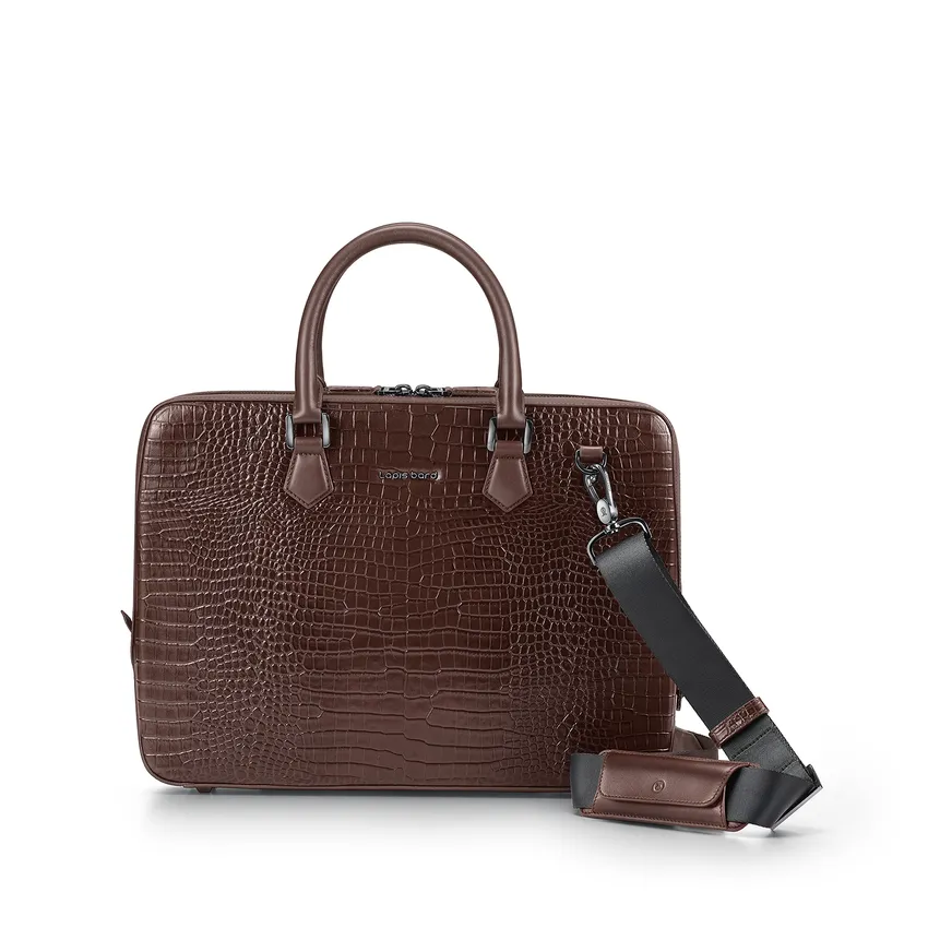 Lapis Bard Mandeville 14-inch Croc-Textured Single Compartment Laptop Bag - Dark Brown