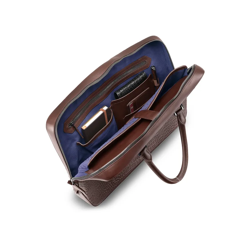 Lapis Bard Mandeville 14-inch Croc-Textured Single Compartment Laptop Bag - Dark Brown
