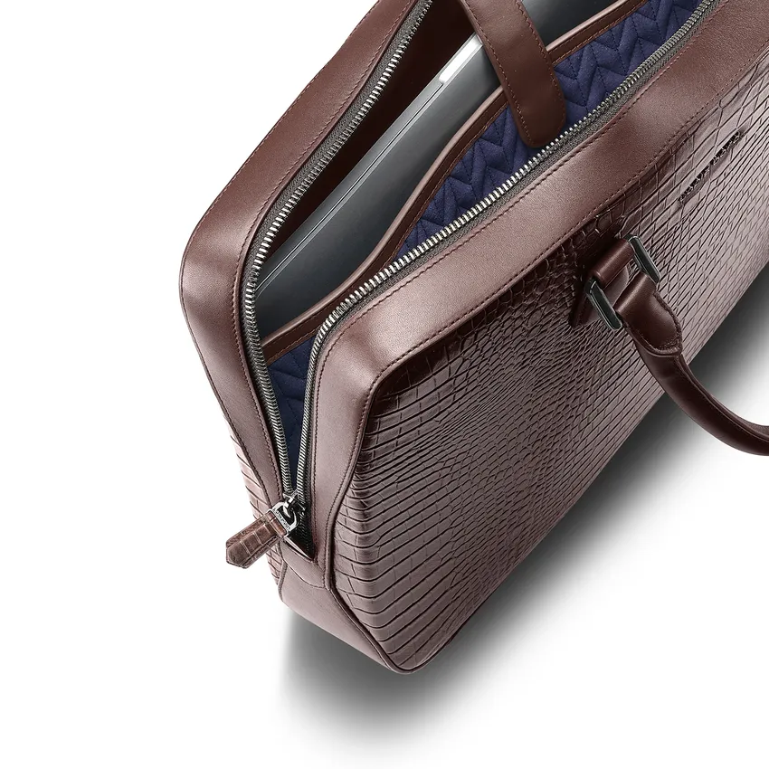 Lapis Bard Mandeville 14-inch Croc-Textured Single Compartment Laptop Bag - Dark Brown