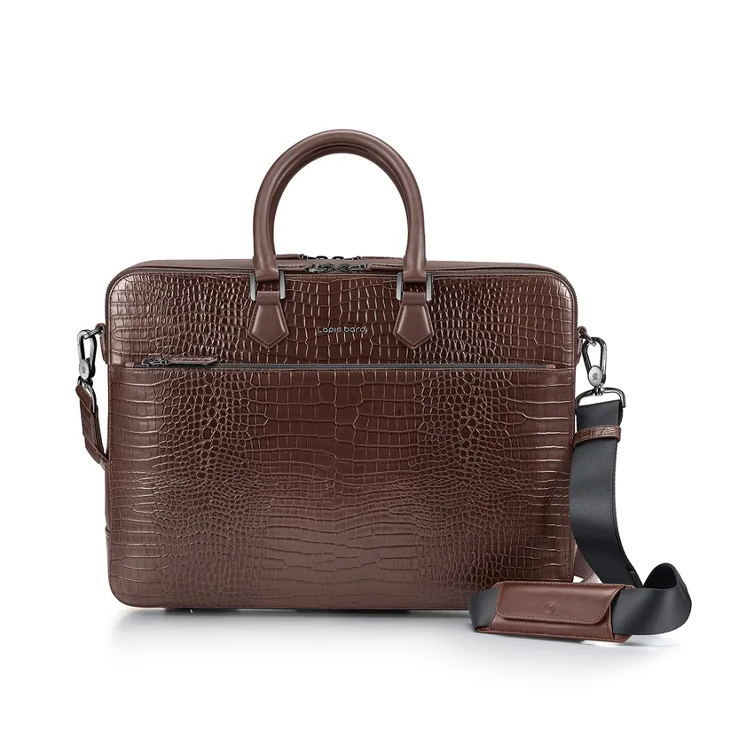 Lapis Bard Mandeville 15-inch Croc-Textured Double Compartment Laptop Bag - Dark Brown