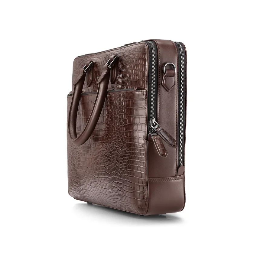 Lapis Bard Mandeville 15-inch Croc-Textured Double Compartment Laptop Bag - Dark Brown