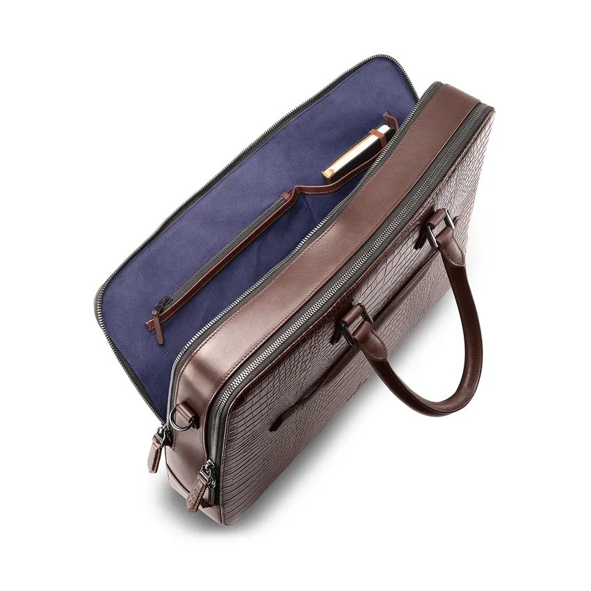 Lapis Bard Mandeville 15-inch Croc-Textured Double Compartment Laptop Bag - Dark Brown