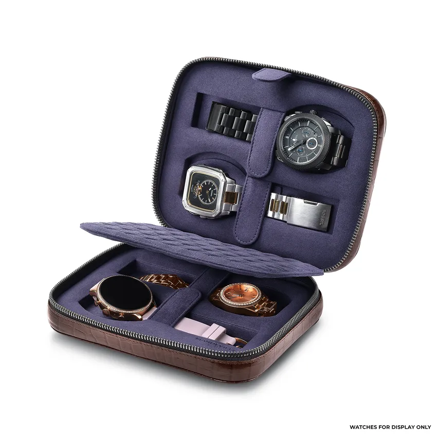Lapis Bard Mandeville Croc-Textured Watchcase (4 Slots) - Dark Brown