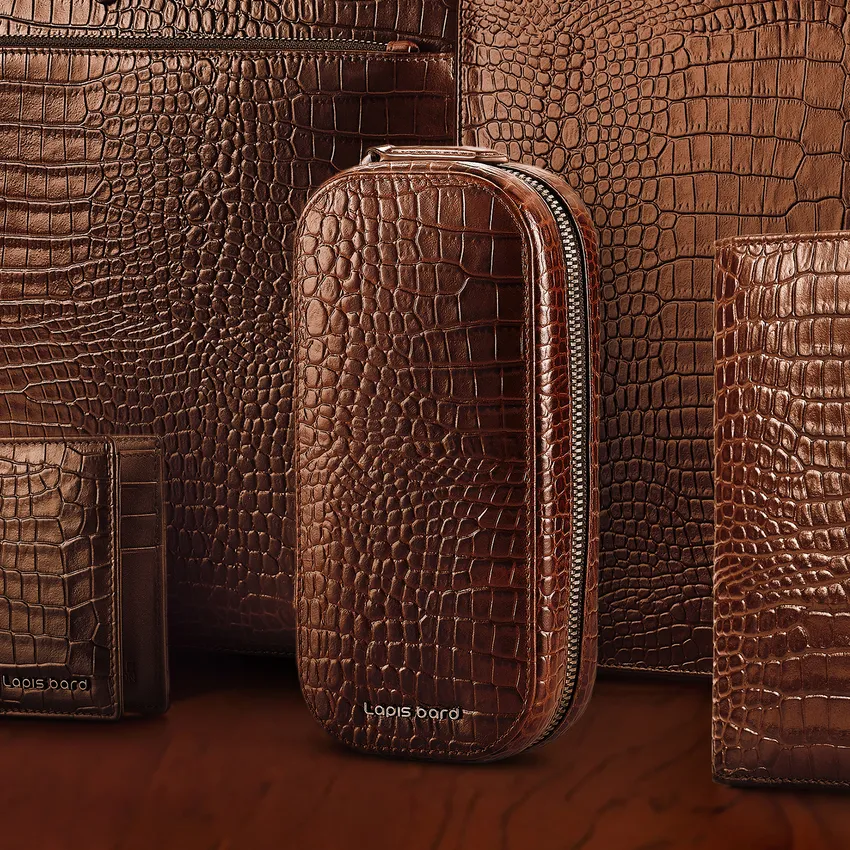 Lapis Bard Mandeville Croc-Textured Watchcase (2 Slots) - Dark Brown