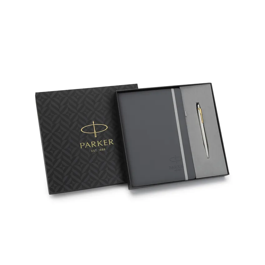 Parker Giftset Jotter Stainless Steel Ballpoint Pen With Gold Trim & Notebook