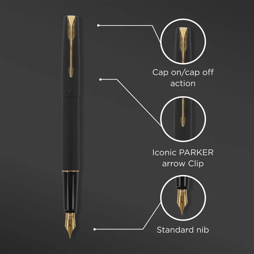 Parker Frontier Matte Black Fountain Pen Gold Trim-Fine
