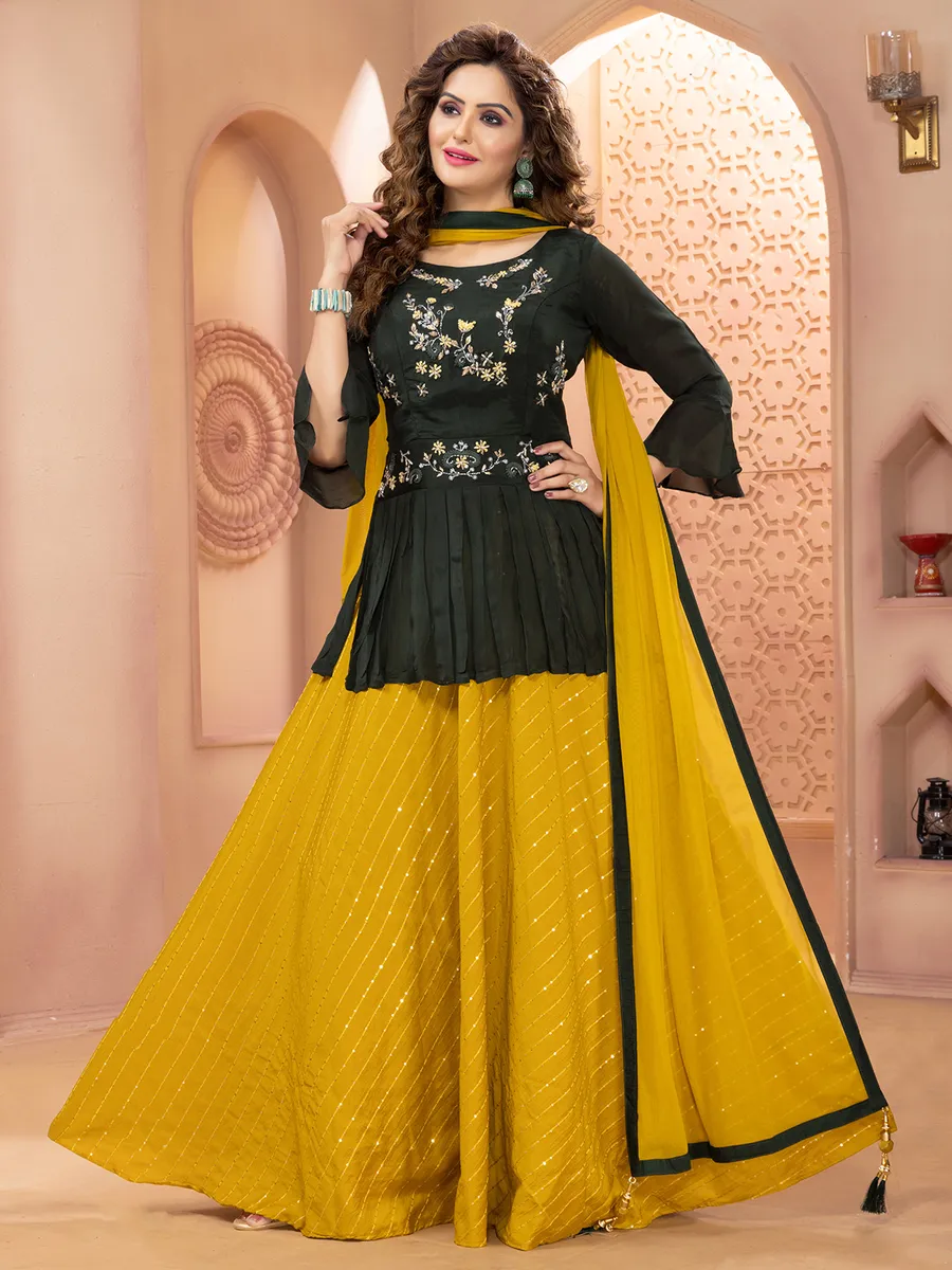 Georgette dark green and yellow lehenga choli G3 WLC15038