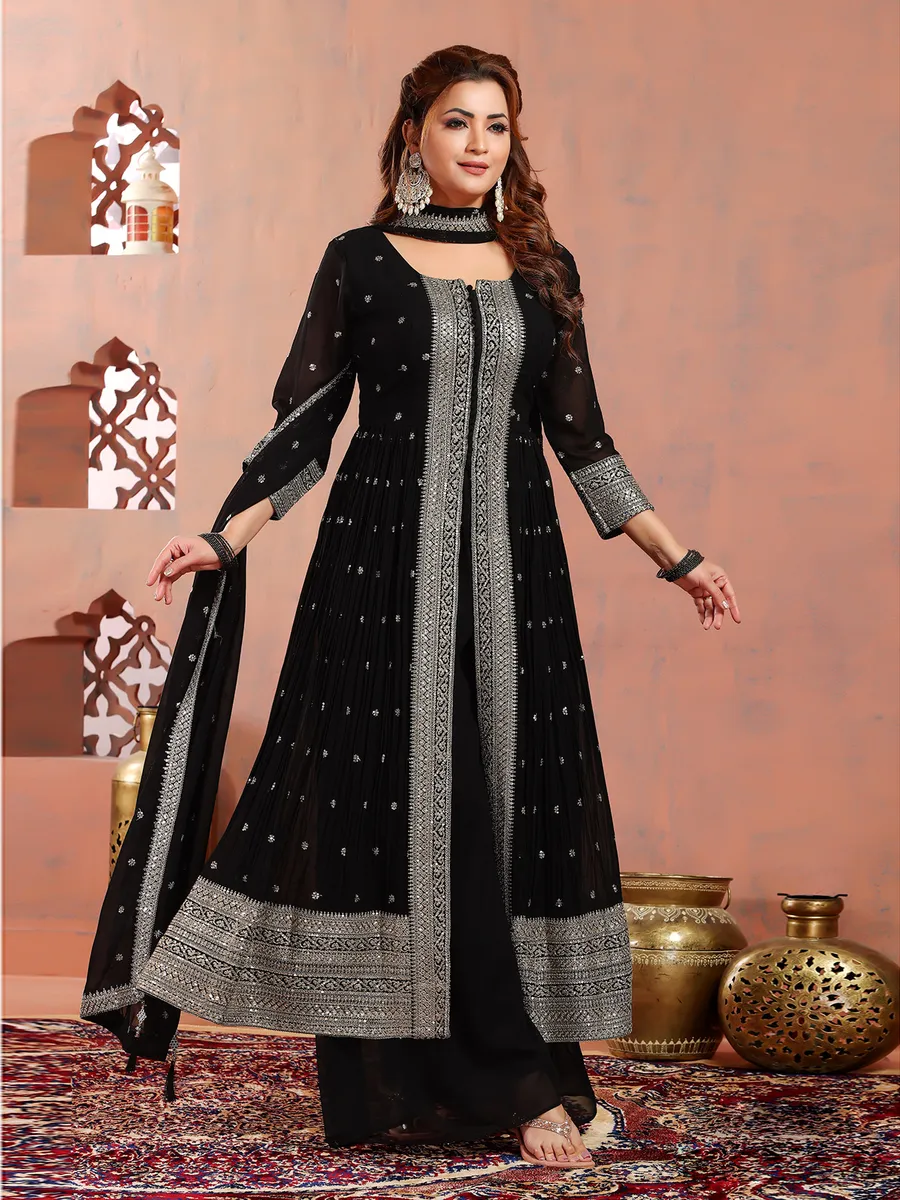 Stunning black georgette front slit palazzo suit G3 WSS41601 New