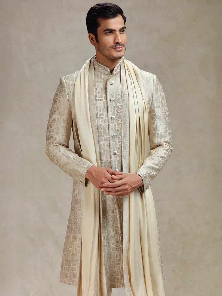 Beige textured silk sherwani for men