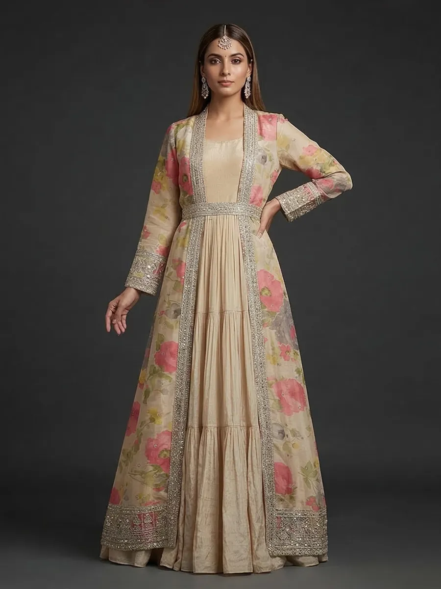 chinese dress ladies Women's Rayon Long Printed Anarkali Gown/Kurta with Jacket (Blue main image 1