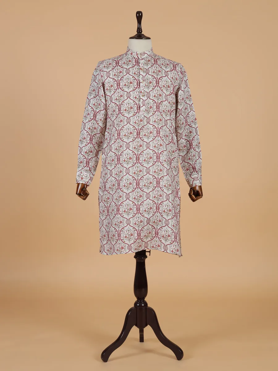 Beige cotton kurta set with colorful prints