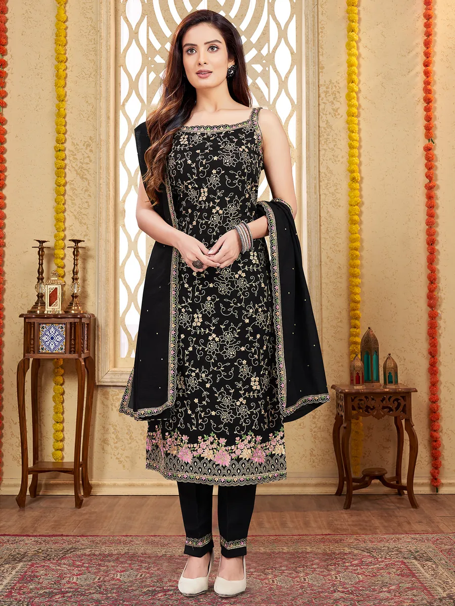 Black straight cut salwar suit in silk