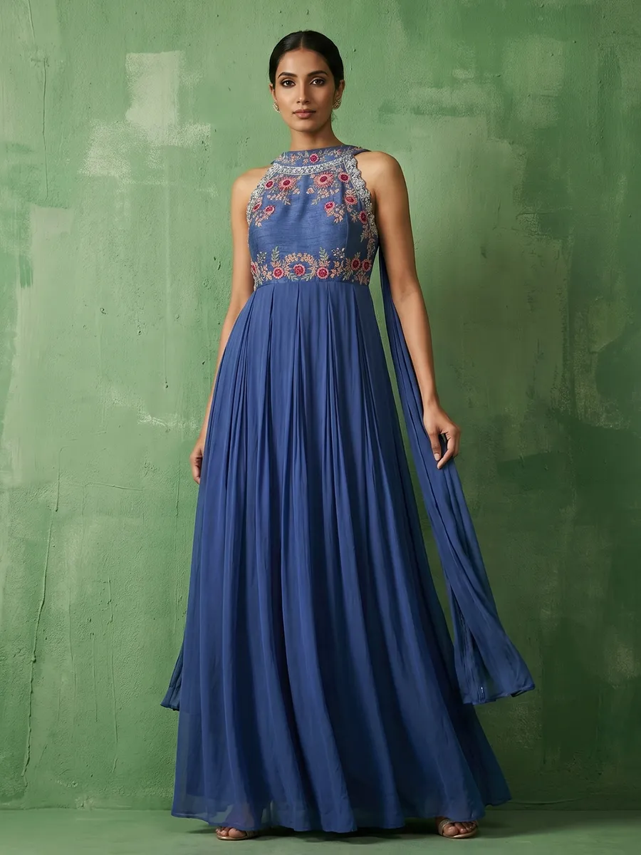halter neck anarkali dress Blue Halter Neck Festive Floor Length Anarkali Suit