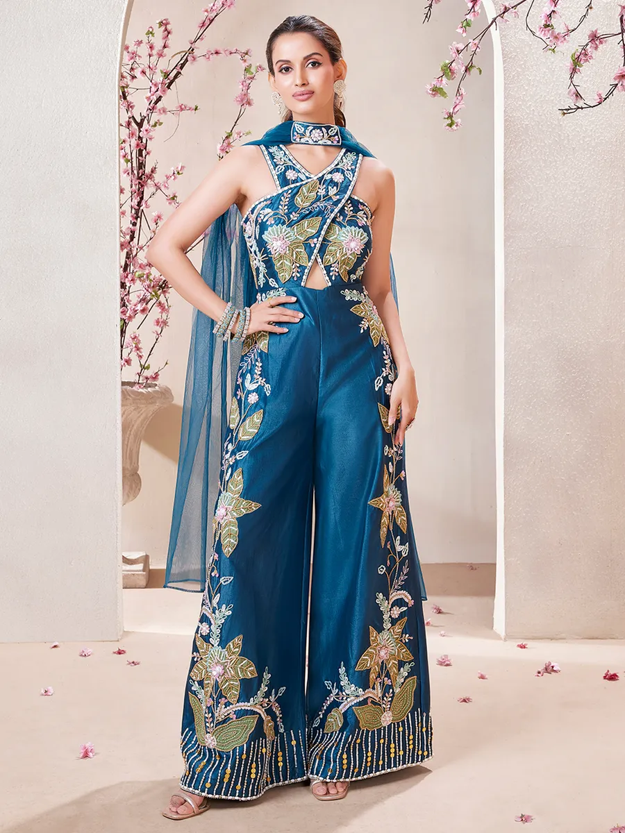 Blue silk jumpsuit with dupatta for party