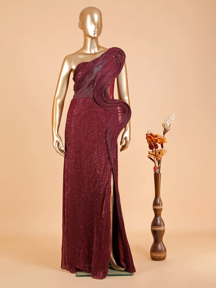 Brautiful Maroon Designer Gown