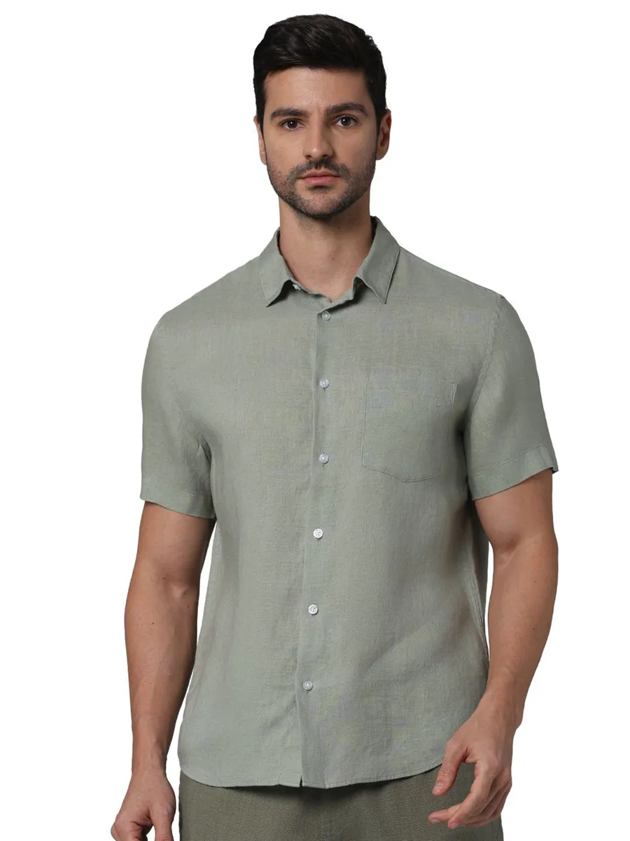 CELIO dusty olive plain linen shirt-G3-MCS15884