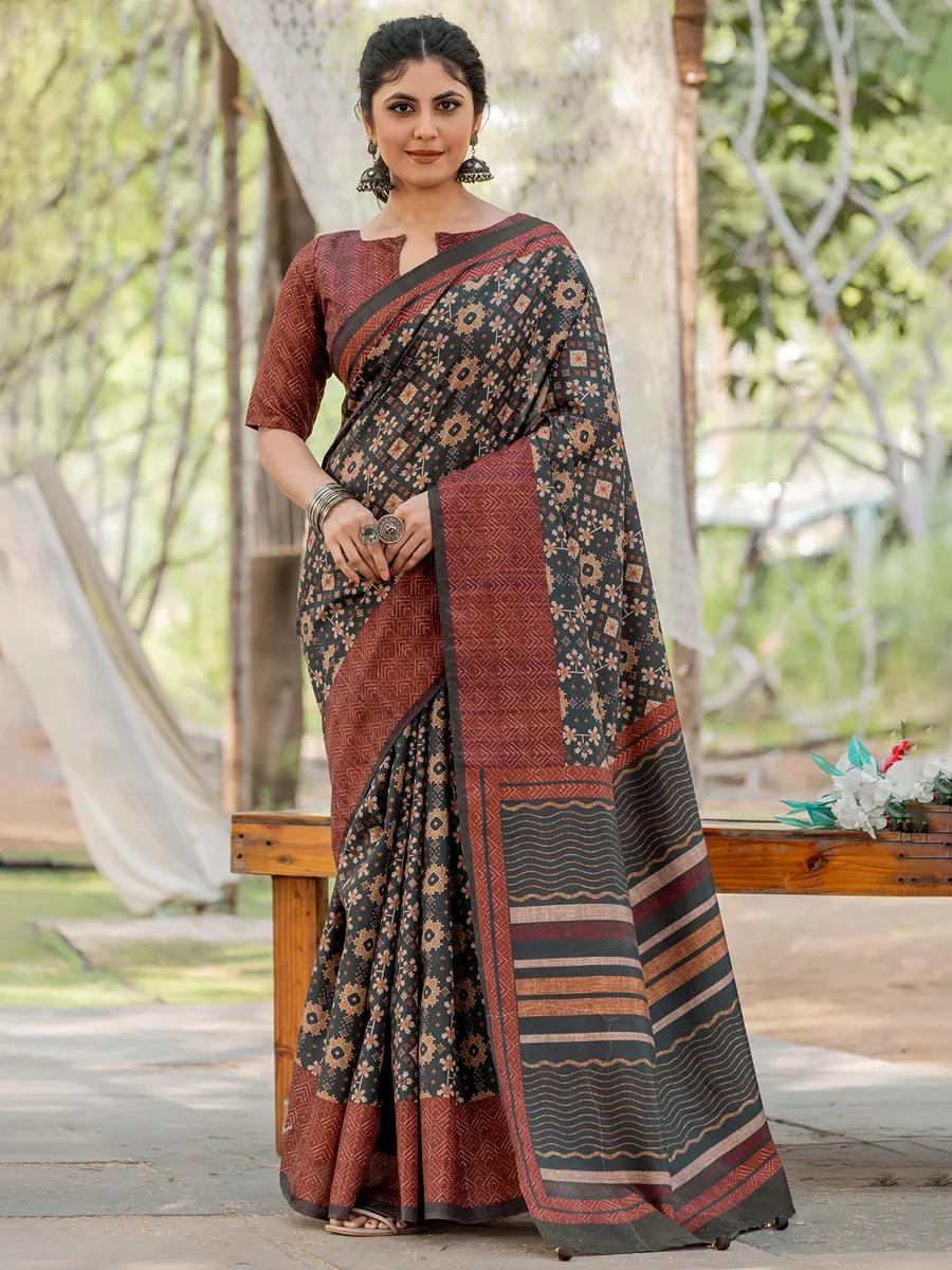 Charcoal black printed kozi silk saree