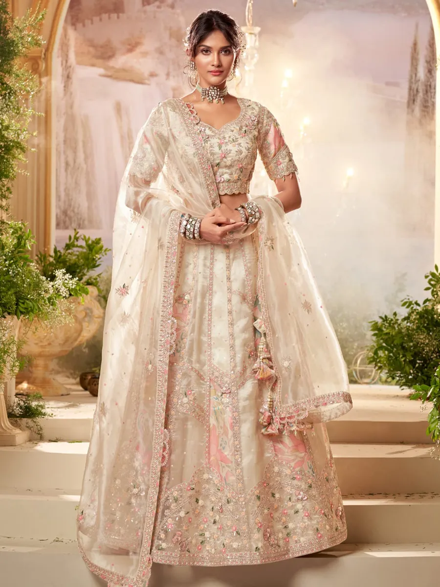 Classy bridal style cream unstitched lehenga choli