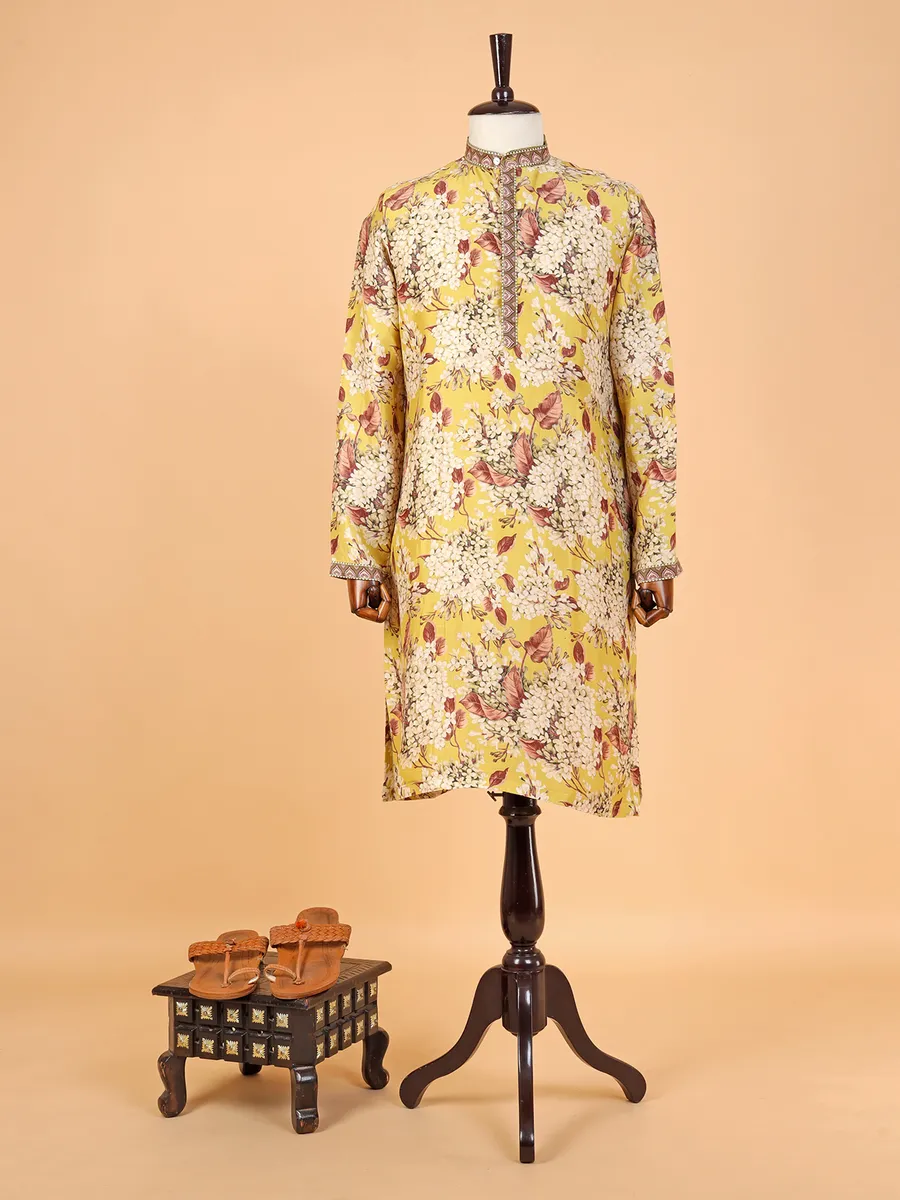 Cotton floral printed yellow Men Kurta pajama
