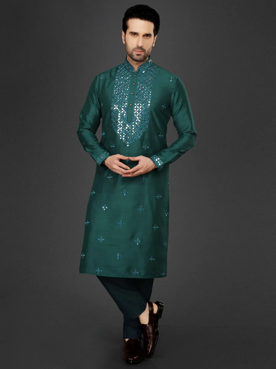 Cotton silk Men Kurta pajama in rama green color