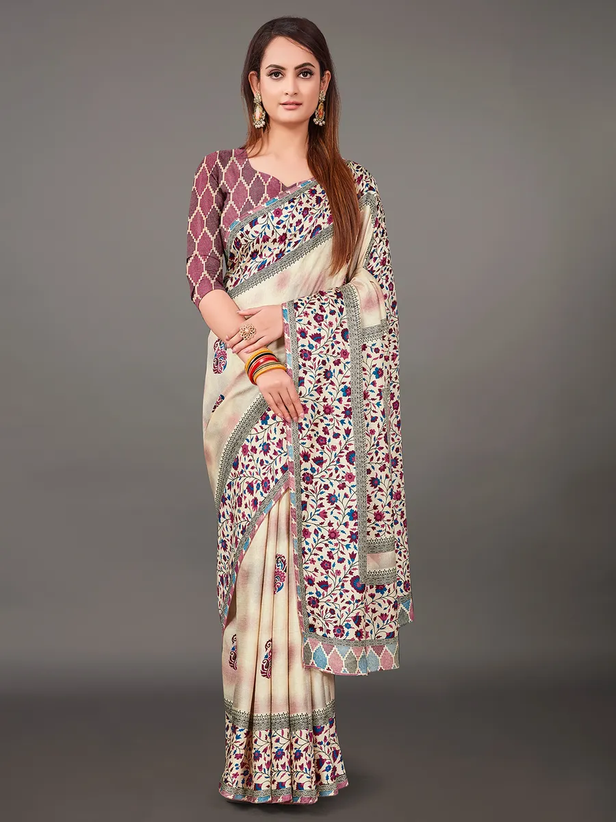 Cream and wine festive wear pashmina silk saree