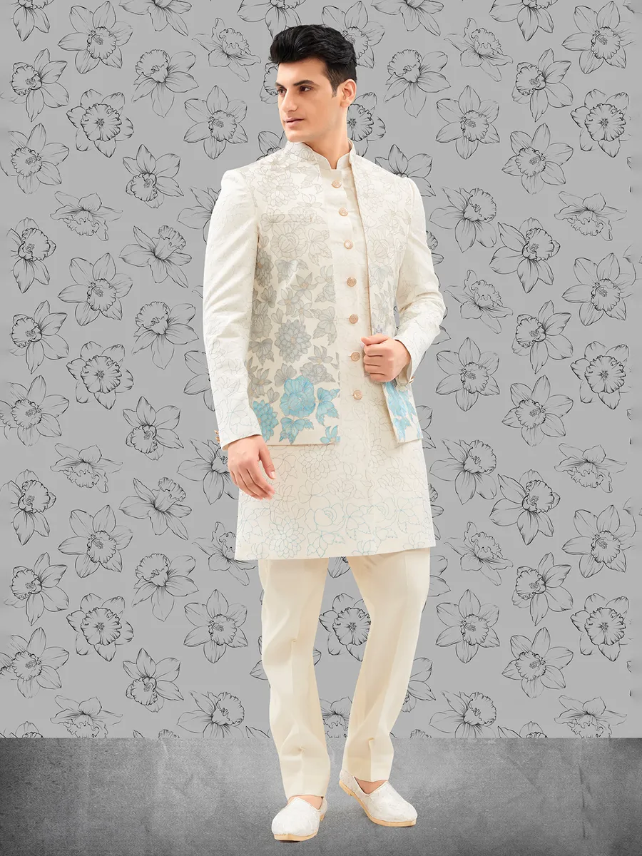 Cream cotton silk kurta jacket set for men G3 MWCS1414 United States