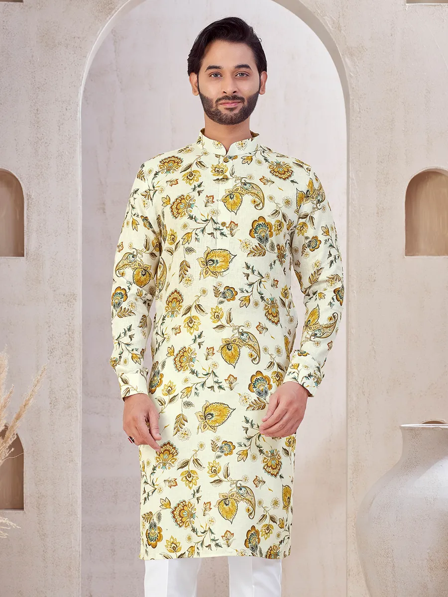 Cream printed cotton kurta suit for festival