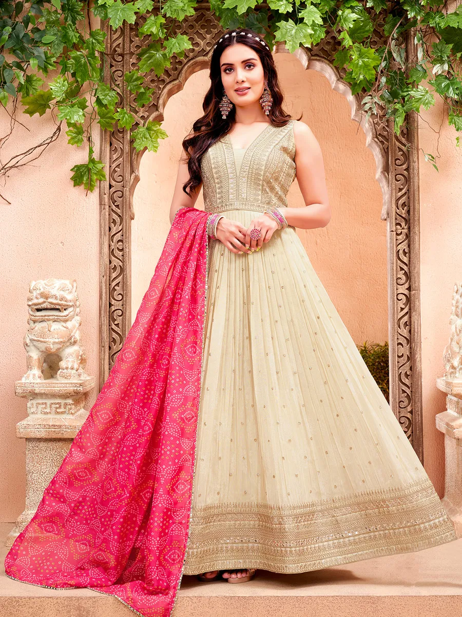 Cream Embellished Anarkali Kurta Set with Dupatta