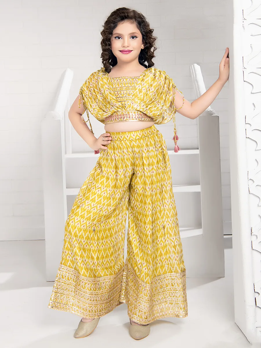 Crop top style yellow printed palazzo suit-G3-GSS2569 United Kingdom