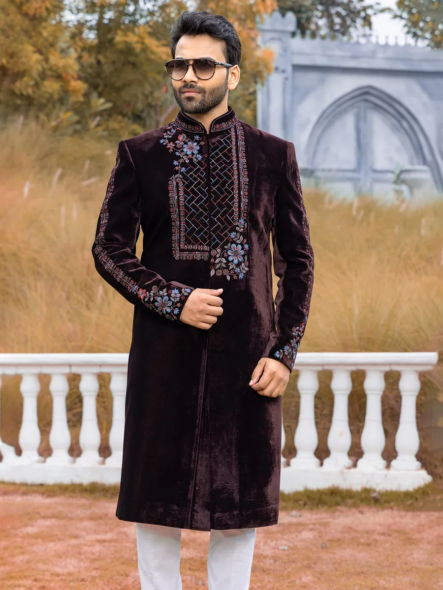 Dark chocolate brown velvet Indowestern for men-G3-MIW8218