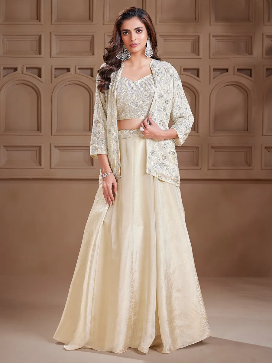 Dazzling cream silk jacket style lehenga choli