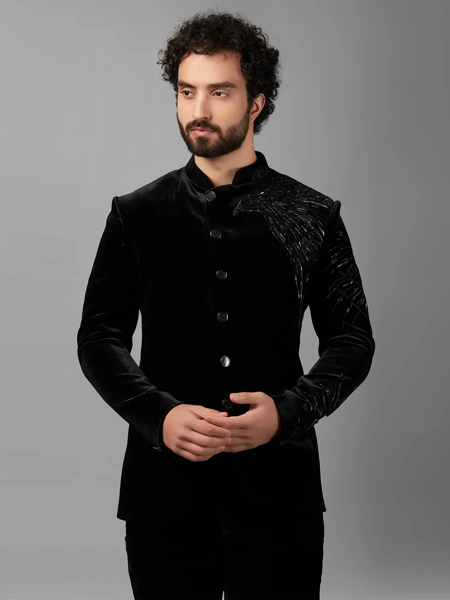 Designer black velvet jodhpuri suit