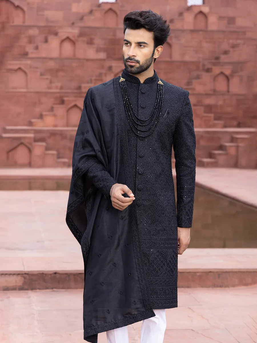 Elegant black raw silk sherwani for men