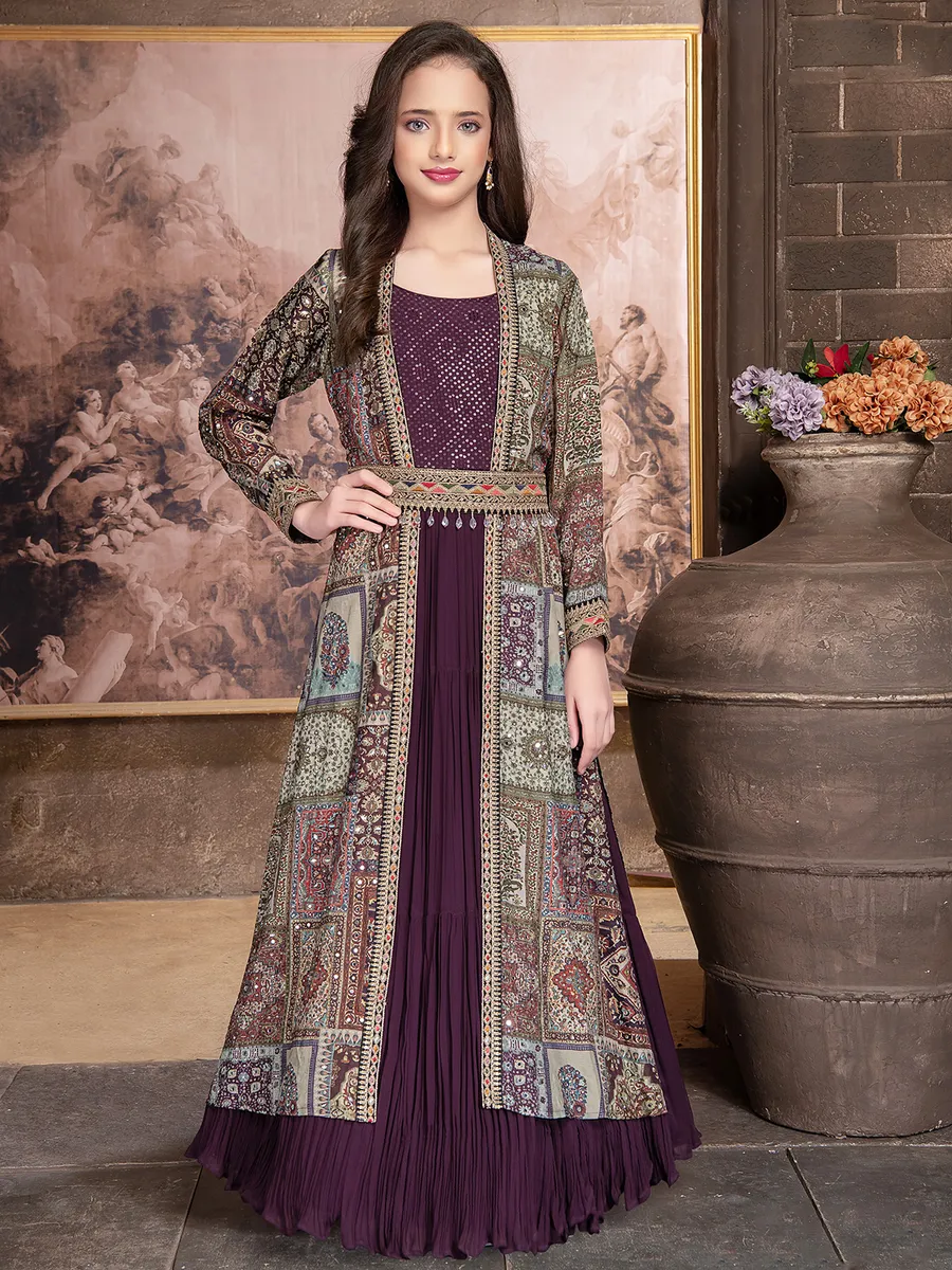 Georgette purple gown with printed shrug-G3-GGO0865 Bahrain