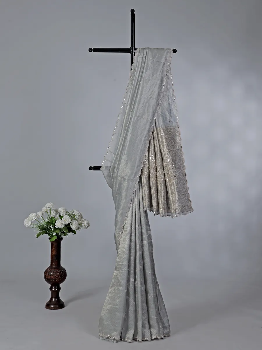 Grey elegant tissue silk wedding wear saree for women-G3-WSA59861