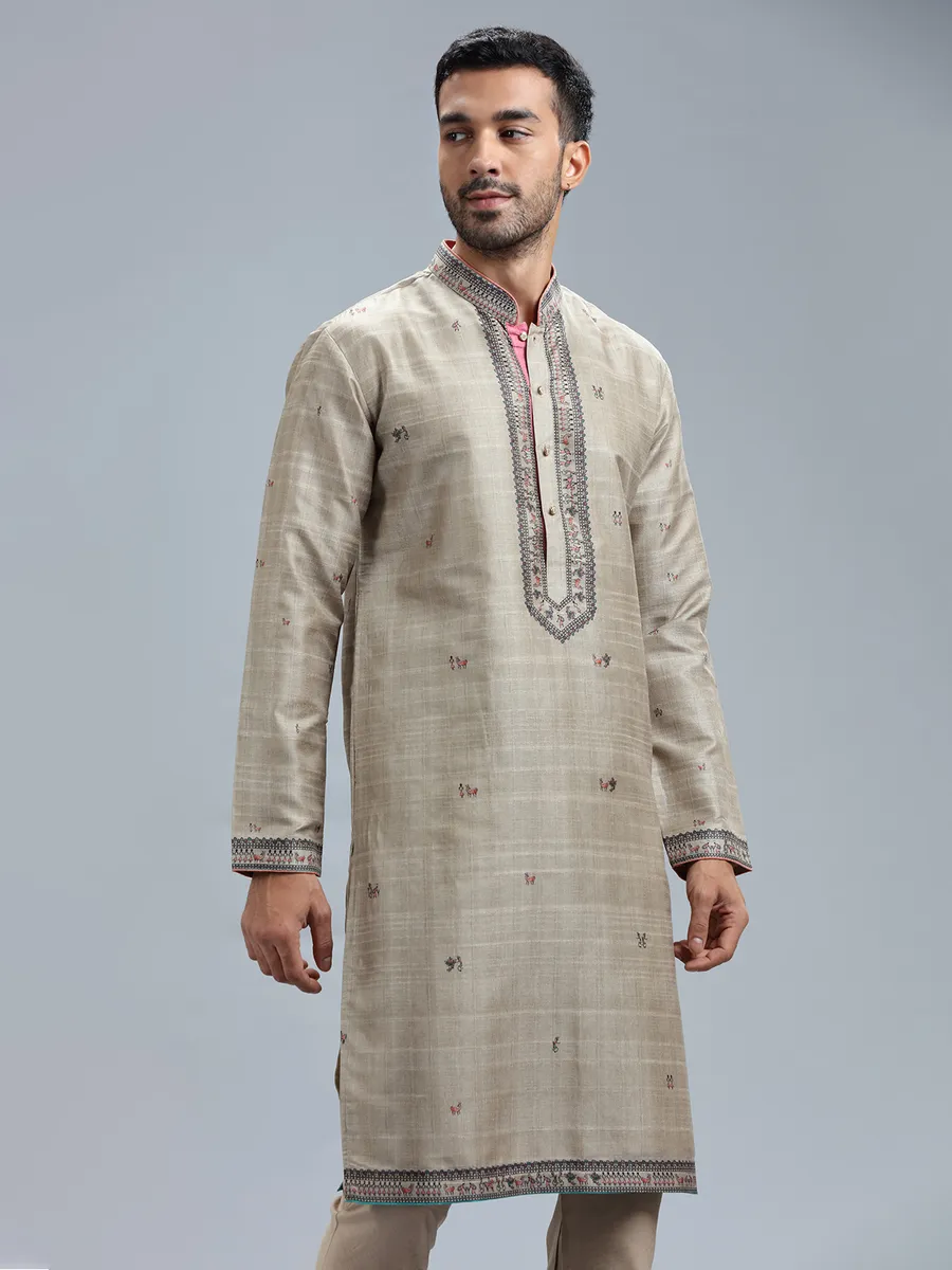 Khakhi printed cotton silk kurta pajama for men G3 MKS5675 Canada