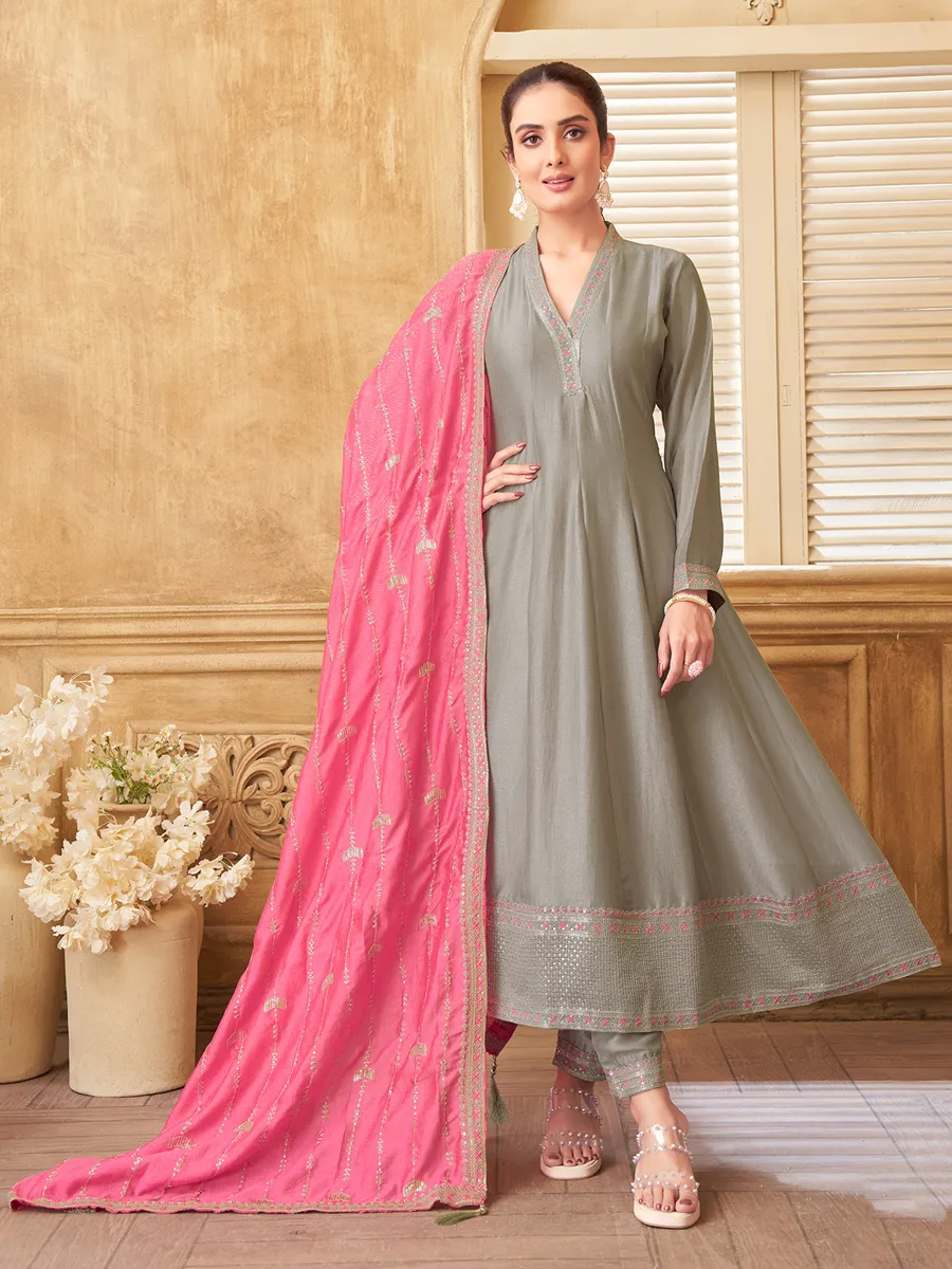 Latest grey silk anarkali salwar suit G3 WSS42274