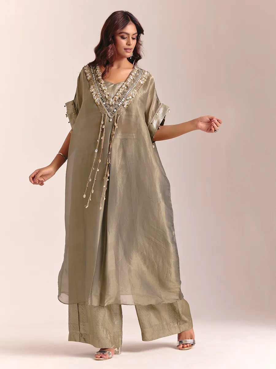 Olive Green Tissue Silk Kaftan Palazzo Suit Olive Green Tissue Silk Kaftan Palazzo Suit