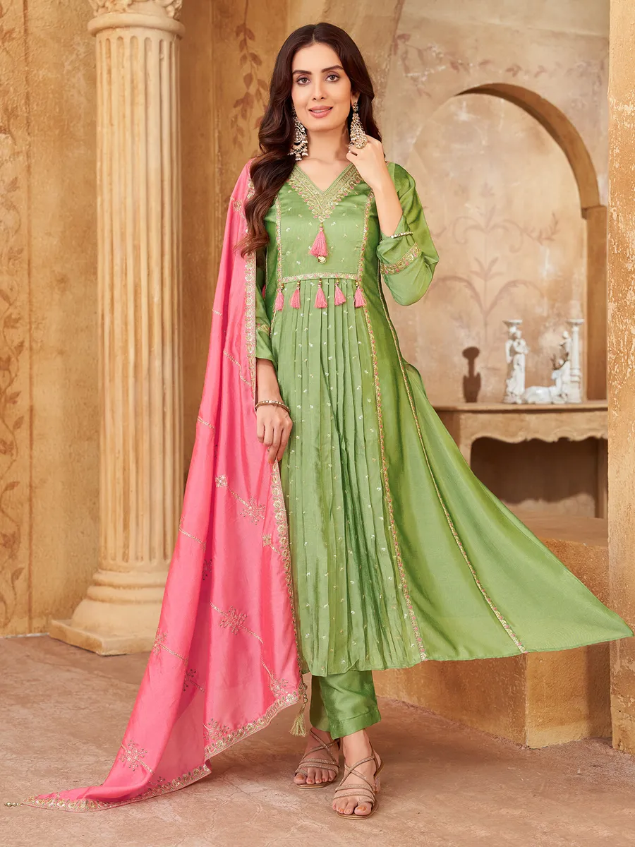 light green colour combination dress Noora Mint Green Hand Embroidered Angrakha Style Dress main image 0