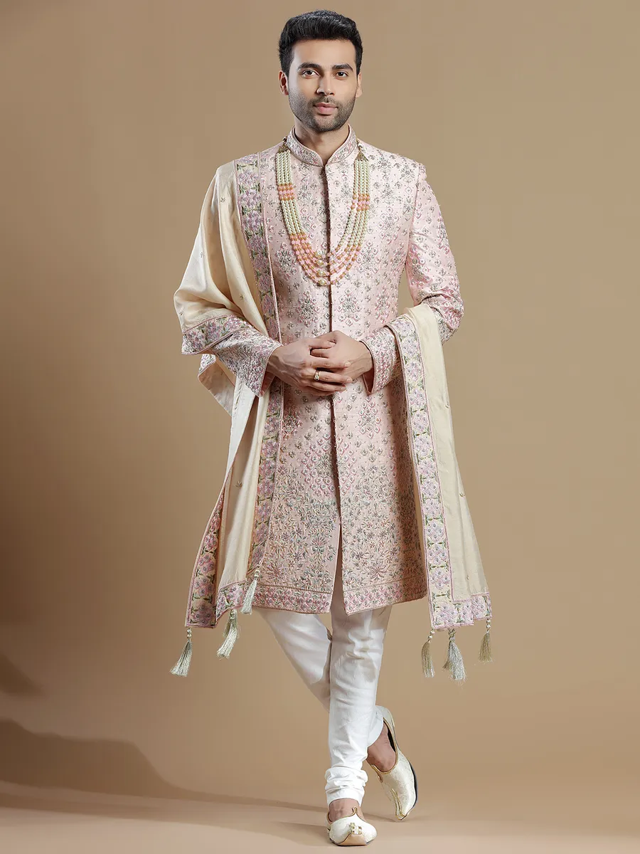 Light pink groom wear sherwani in raw silkG3MSH6982