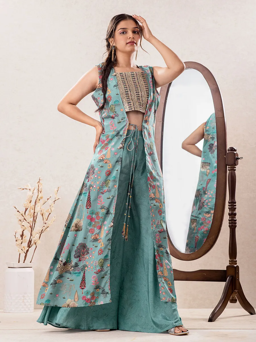 Light teal green jacket style salwar suit with palazzo G3 GSS2825