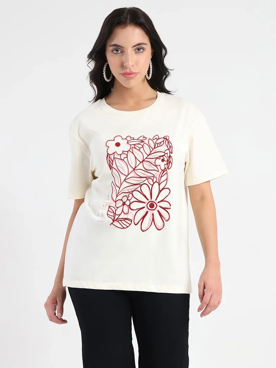MADAME cream printed cotton t-shirt-G3-WTS5601 | United States MADAME cream printed cotton t-shirt-G3-WTS5601 | United States