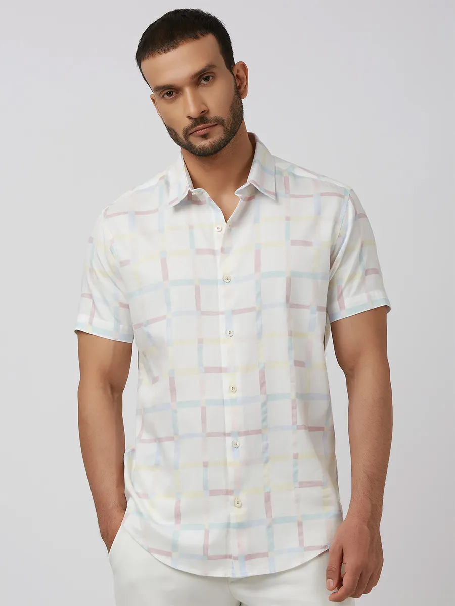MUFTI checks white cotton shirt with half sleeves-G3-MCS14111